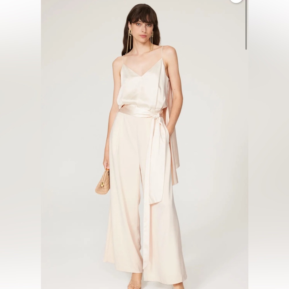 Obando Collective Wide Leg Jumpsuit cut out belted straps satin cream